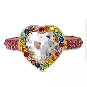 KURT GEIGER Rainbow Crystal Heart Cocktail Ring in Gold Tone